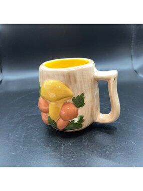 Mushroom-Themed Ceramic Mug With Yellow Interior Hand Painted Rustic Design 1974